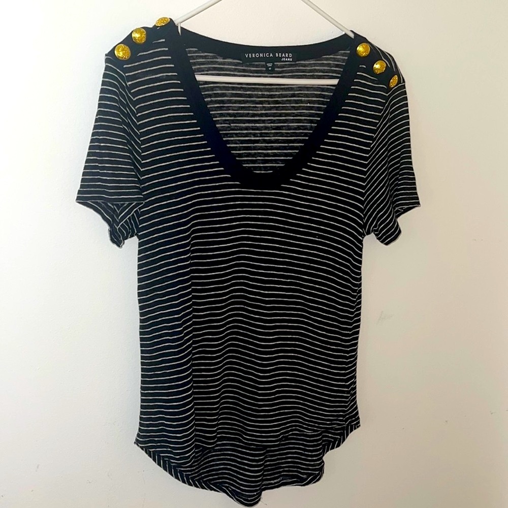 VERONICA BEARD STRIPED GOLD BUTTON TOP MEDIUM SHIRT